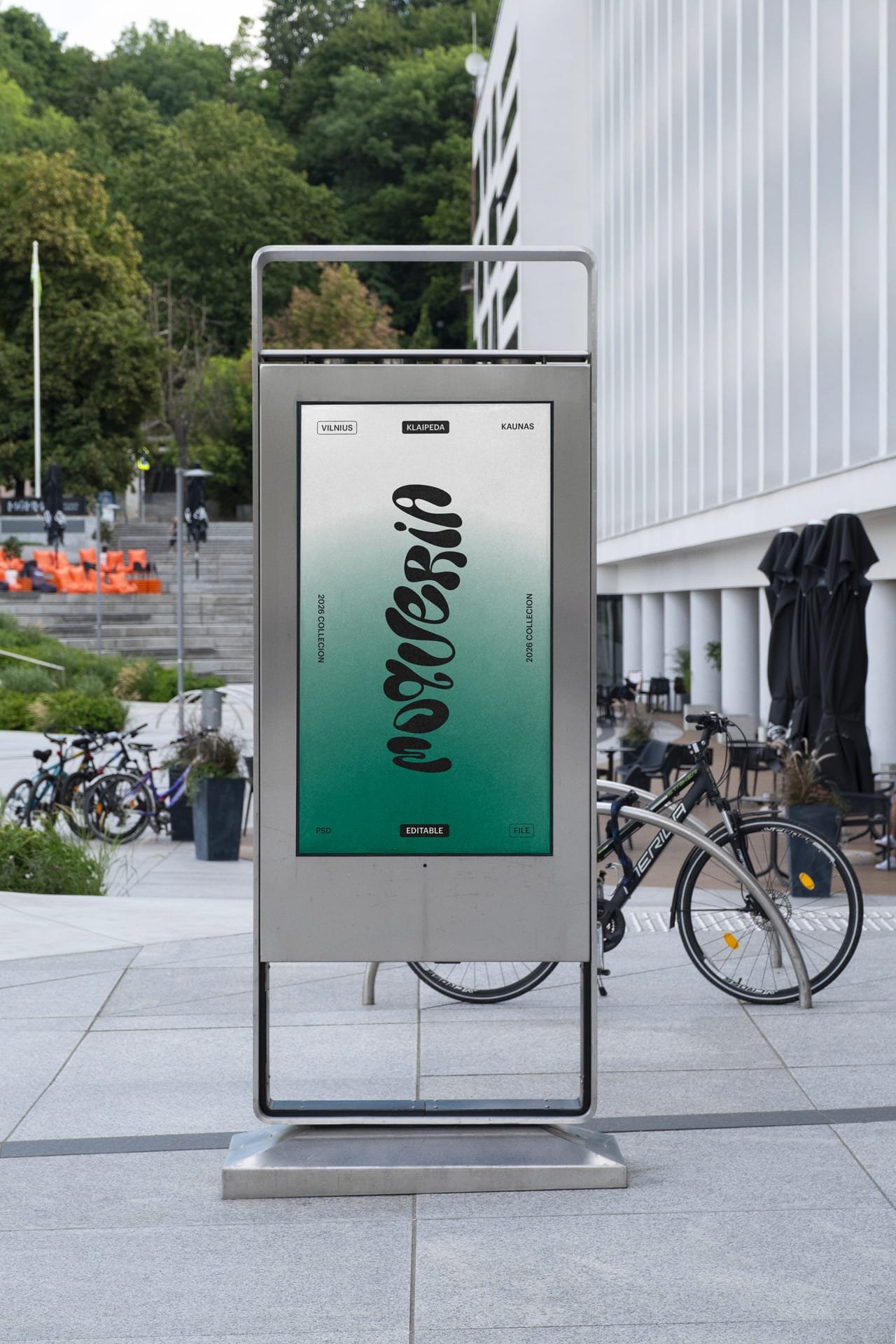 Kaunas poster frame mockup V23 at Vienybės Square by the Vytautas the Great War Museum, front view.