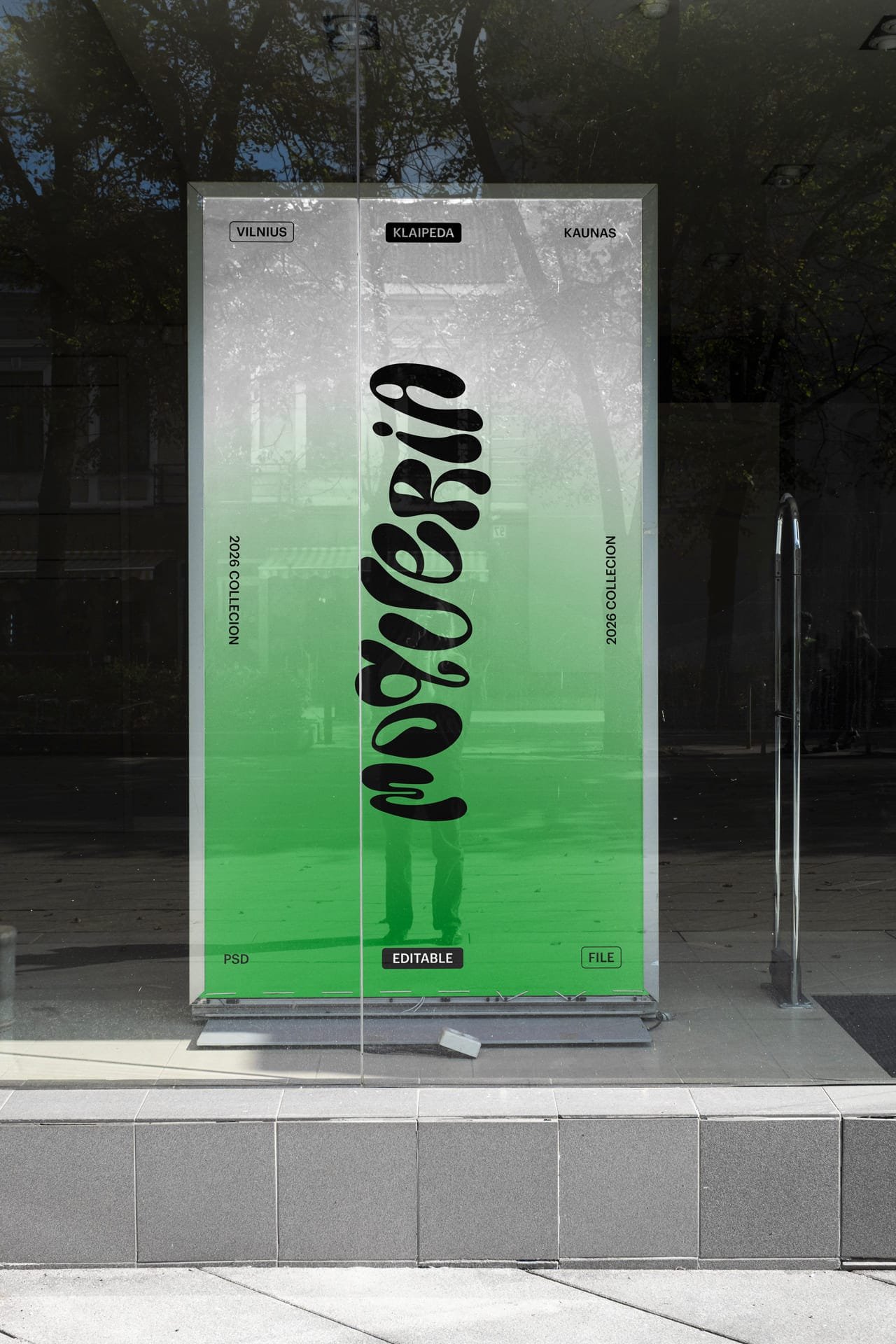 Kaunas poster frame mockup V27 on Elzė Ožeškienė Street, perspective view.