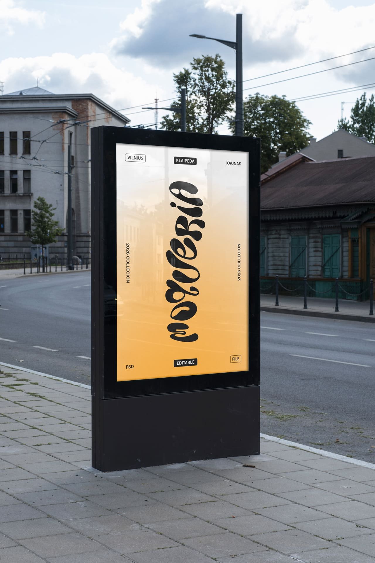 Kaunas poster frame mockup V38 on K. Donelaitis Street opposite Café Kultūra, perspective view.
